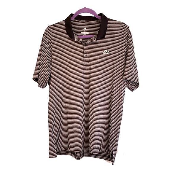 Adidas Golf Polo Shirt Grey Black Striped Knit Short Sleeve Sweat Wicking M - Picture 1 of 7